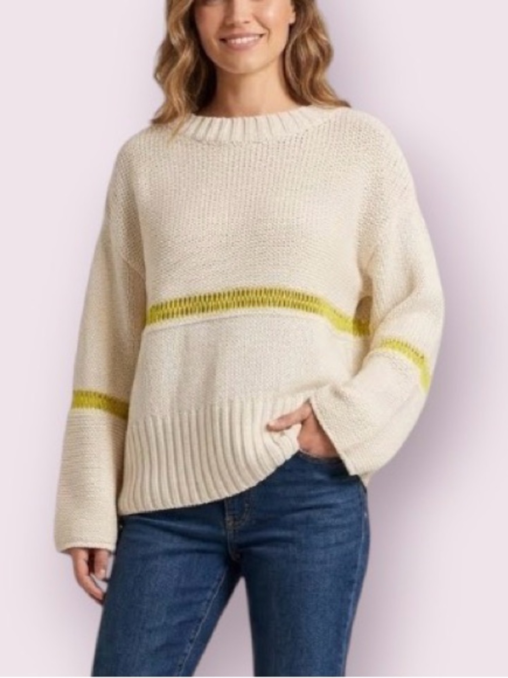 Topshop Cream Pullover Sweater With Yellow Crochet Contrasting Stripe Oversize 4